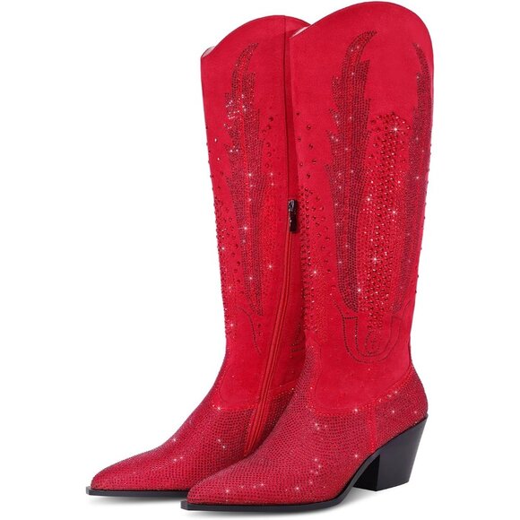 Women Polyurethane Red Knee High Rhinestone Bling Pointed Toe Cowgirl Western - Picture 1 of 7